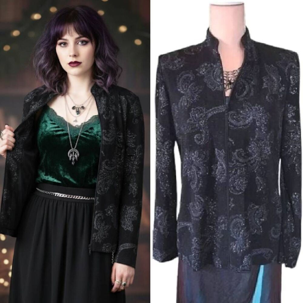 VTG 90s Black Metallic Paisley Floral Zip Front Formal Disco Coat‎ Medium